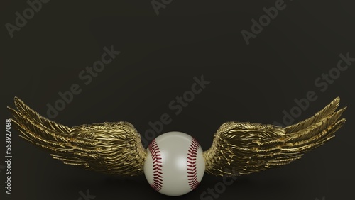 White-red Baseball with metallic gold wings under blown-white tone lighting background. 3D illustration. 3D high quality rendering. 3D CG.