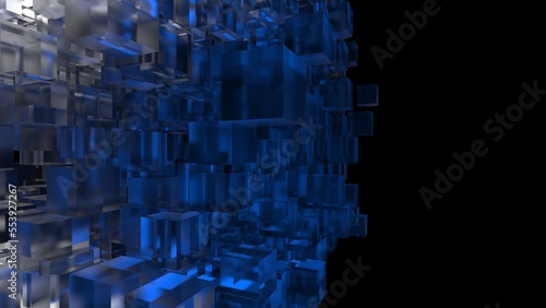 A set of many clear glass cubes that are collapsing under blue-black lighting background. Conceptual 3D CG of blockchain  financial system and personal data analysis.