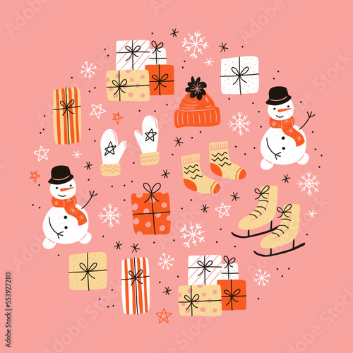 Vector round illustration on light background. Mittens and warm socks and hats for winter holidays, snowman and presents. Cozy winter texture for gifts, wrapping paper and others.