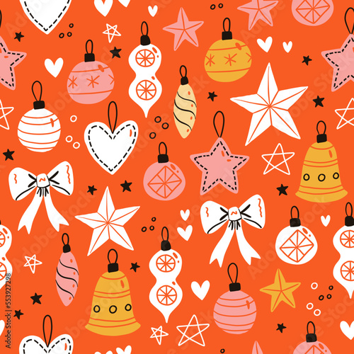Vector seamless pattern on redbackground. Christmas tree toys and decorations for winter holidays. Cozy winter texture for gifts, wrapping paper and others.