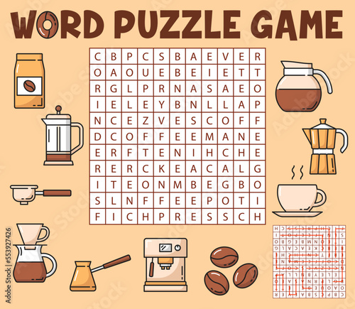 Coffee drinks word search puzzle game worksheet, vector kids quiz grid. Crossword riddle game to find words in grid, coffee cup and espresso maker, coffee beans and mugs for teapot