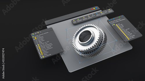 An engineering designer designs 3D CAD software. The model is a mechanical dimensional digital production factory, computer screen. 3d rendering.