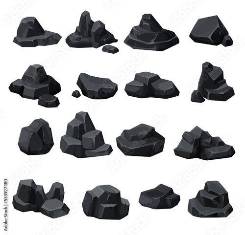 Cartoon coal ore. Black charcoal, graphite lump, rock stone. Iron ore pieces, black rocks or stones pile game isolated vector asset. Basalt nugget, mining fossil fuel or cartoon minerals