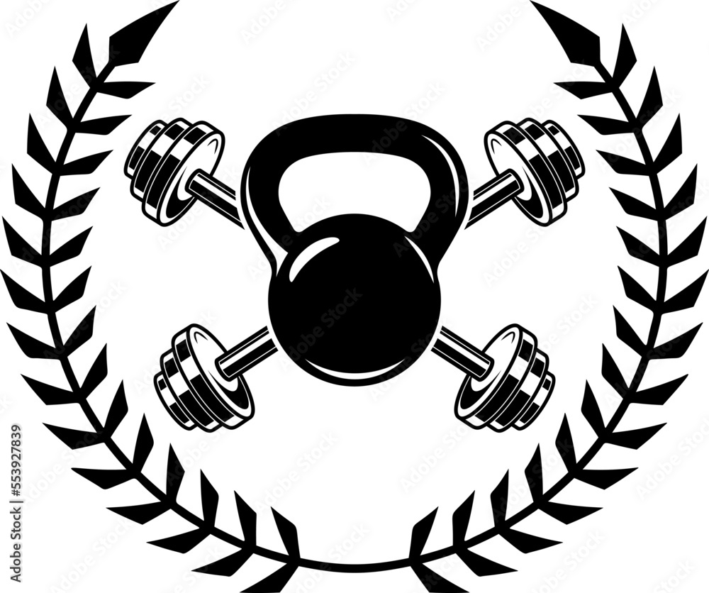 Barbell and kettlebell and wreath. Emblem template. Design element for ...