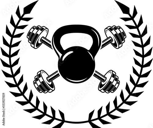 Barbell and kettlebell and wreath. Emblem template. Design element for logo, sign, emblem. Vector illustration
