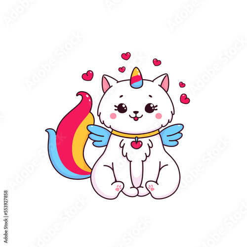 Cartoon cute caticorn character. Magic kitten , fairytale creature with wings, unicorn horn and rainbow tail vector mascot. Isolated kawaii cat, caticorn in love vector personage with heart coulomb