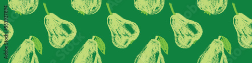 Green pears seamless pattern for fabric design. Organic pear for textile ornament. Fruit background for Vegan banner, label juice. Color pear drawings for jam packaging. Natural hand drawn wallpaper.