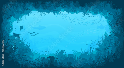 Underwater cave landscape. Coral, manta ray and fish shoal vector background with sea plants and animals. Shark, seaweeds and coral silhouettes in ocean cavern. Water aquatic marine tropical life