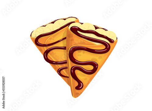 Cartoon crepes with chocolate, vector french pancakes with liquid choco sauce, cafe or restaurant menu food. Fresh breakfast meal recipe, sweet dessert pieces isolated on white background