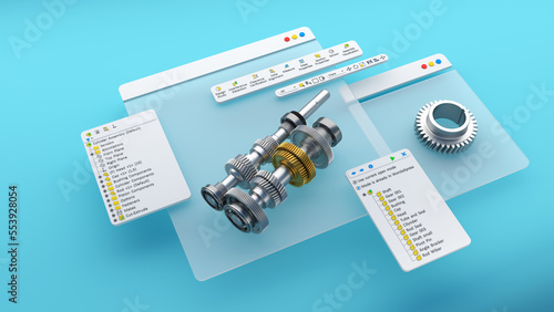 Engineering project, 3D CAD software model of a gear wheel. Mechanical dimensional digital production factory, computer screen. 3d rendering.