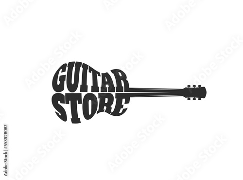 Guitar store icon. Music instruments and audio equipment shop vector abstract symbol, monochrome sign or label with electric or classic acoustic guitar silhouette and typography
