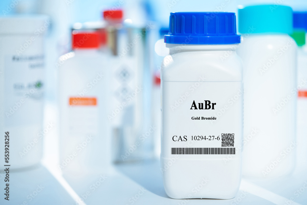 AuBr gold bromide CAS 10294-27-6 chemical substance in white plastic laboratory packaging
