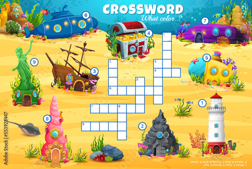 Underwater cartoon house buildings. Crossword quiz game grid. Kids vocabulary puzzle or riddle, wordsearch crossword vector worksheet with submarine, sea shell, lighthouse and sunken ship dwellings