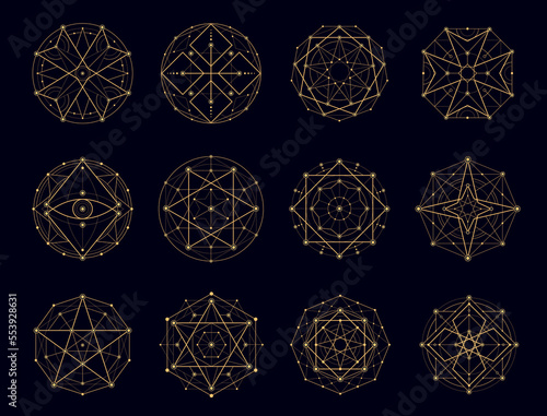 Sacred geometry esoteric, magic, alchemy symbols. Myth and meditation, pentagram and spiritual tattoo shapes. Illuminati occult, mystical or religion abstract geometric line vector golden signs set