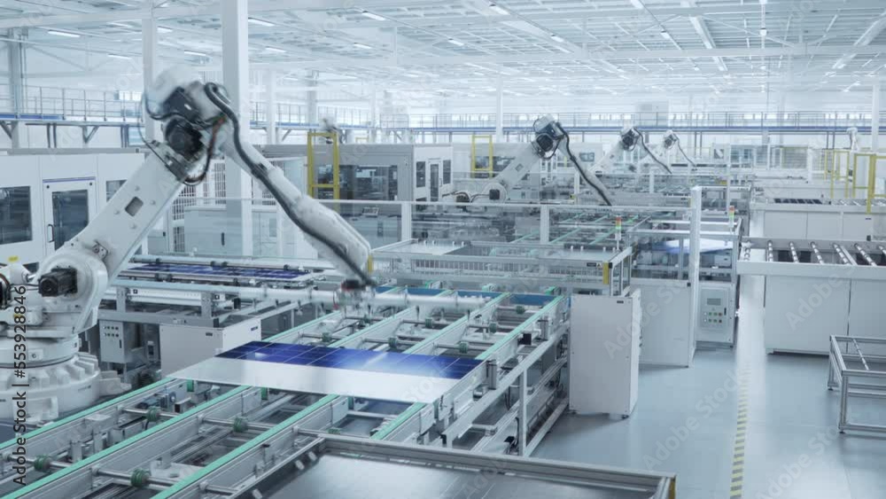 Time-lapse video of Automated Solar Panel Production Line. White Industrial Robot Arm Assembles Solar Panel, Placing PV Cells. Modern, Bright Manufacturing Facility. Time-lapse video of Automated Solar Panel Production Line. White Industrial Robot Arm Assembles Solar Panel, Placing PV Cells. Modern, Bright Manufacturing Facility.