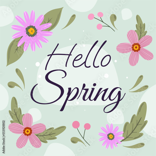 lettering hello spring on background with flowers and leaves in hand drawing style © ThemeRage