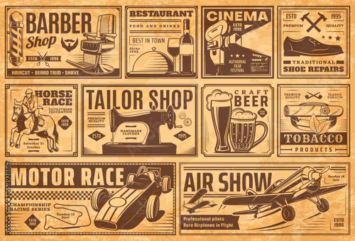 Vintage newspaper banners, old advertising. Vector retro promo ads for barber shop, restaurant, cinema and tailor atelier. Horse or motor race, air show, tobacco products, shoes repair and craft beer