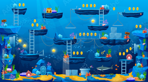 2d arcade game underwater landscape level map interface. Shark, platform, stairs, coins, bonus and treasure icons. Cartoon vector background under water sea or ocean floor with ancient sunken ruins