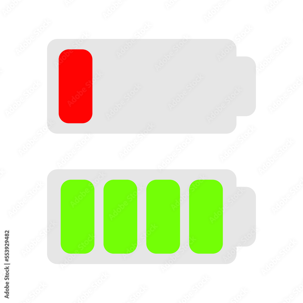 Low full battery icon set. Charge indicator Green Red color scale. Flat design. White background. Isolated. Low full battery icon set. Charge indicator Green Red color scale. Flat design. White background. Isolated.
