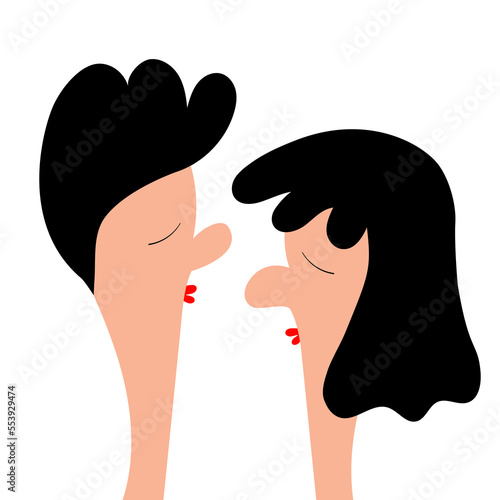 Man woman. Cute cartoon funny character. Kissing couple. Smooch kiss. Red lips. Profile face. Black hair. Happy Valentines Day. Love card. Family person. First date. Flat design. White background.