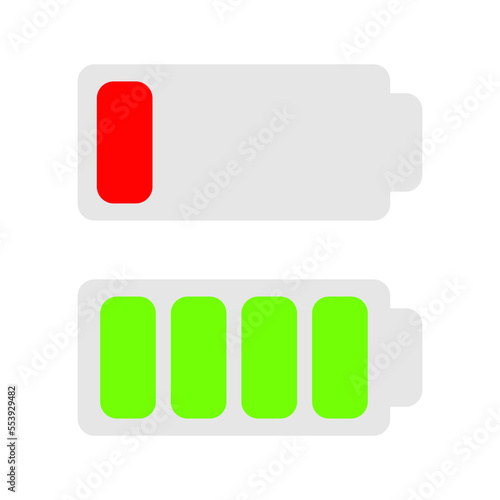 Low full battery icon set. Charge indicator Green Red color scale. Flat design. White background. Isolated.