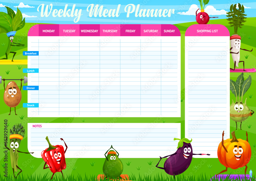 Cartoon cheerful vegetables on yoga sport on weekly meal planner ...