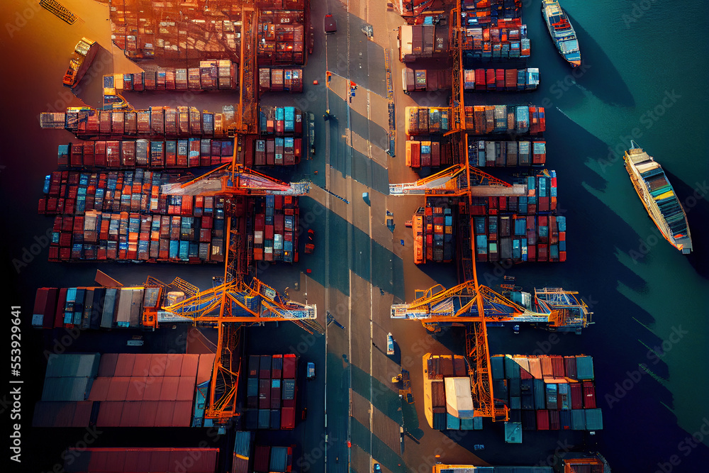 Aerial top view of container cargo ship in the export and import business and logistics international goods in urban city, Generative AI