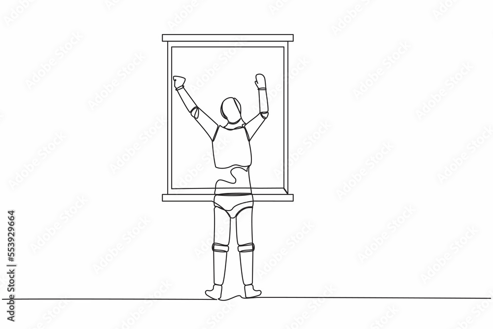 Continuous one line drawing back view relaxed robot stretching arms in window. Good morning concept. Humanoid cybernetic organism. Robotic development. Single line graphic design vector illustration