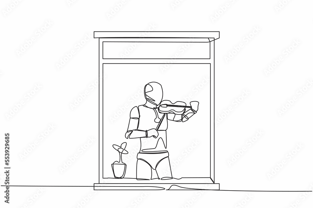Single continuous line drawing robot musician standing near window and playing violin in room at home. Future technology development. Artificial intelligence. One line draw design vector illustration Single continuous line drawing robot musician standing near window and playing violin in room at home. Future technology development. Artificial intelligence. One line draw design vector illustration