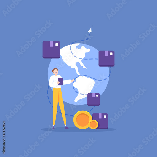 import export business. global shipping services. an exporter or entrepreneur sends many products to various countries. successful businessmen. design illustration concept. graphic elements