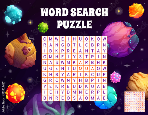 Cartoon space planets and stars word search puzzle game worksheet, kids quiz grid. Vector crossword brainteaser for children with alien world in cosmos latin letters at square field, word task riddle