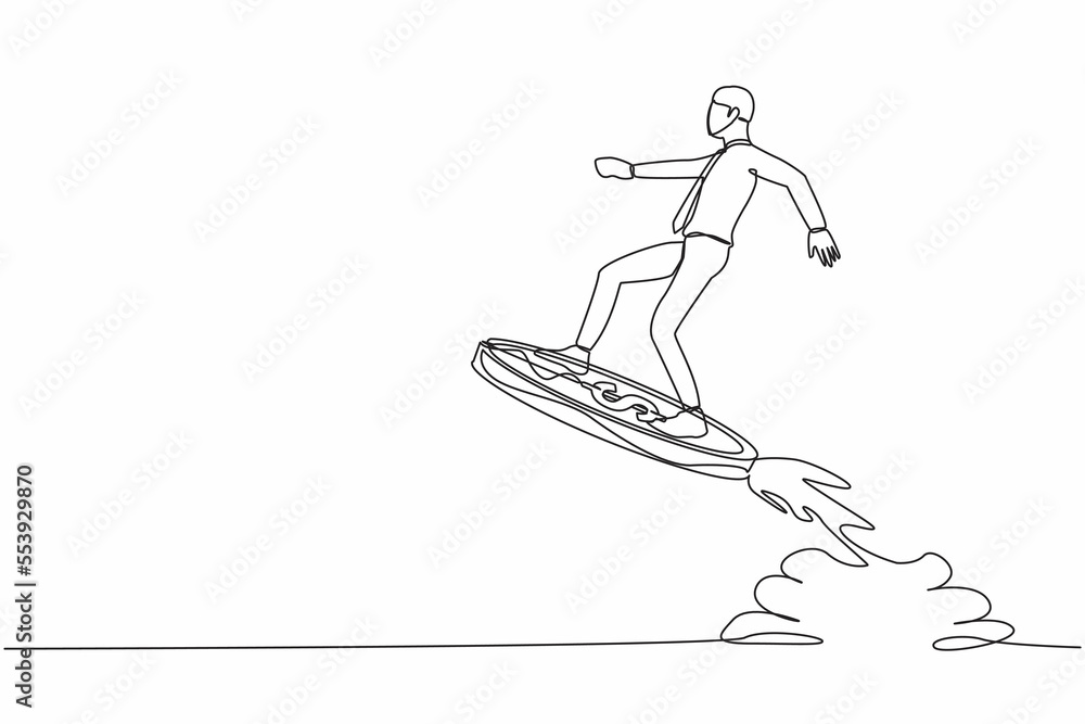 Single continuous line drawing businessman riding dollar coin rocket flying in the sky. Financial boost concept, business opportunity to success with competitors. One line design vector illustration