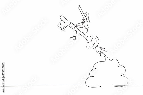 Single one line drawing of businesswoman riding key rocket flying in the sky. Leadership or motivation to find opportunity. Discover success keyhole. Continuous line design graphic vector illustration