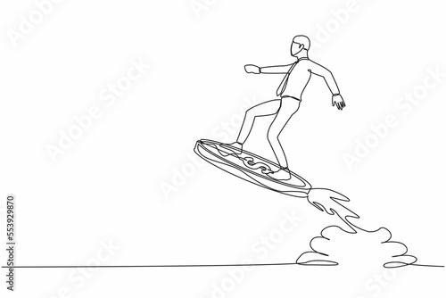 Single continuous line drawing businessman riding dollar coin rocket flying in the sky. Financial boost concept, business opportunity to success with competitors. One line design vector illustration