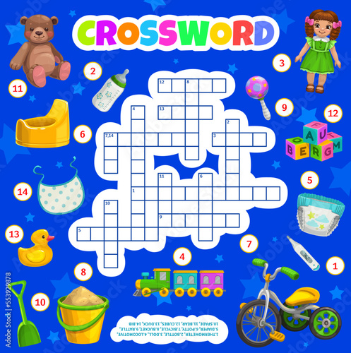 Kids toys and accessories crossword puzzle worksheet, find a word quiz. Vector thermometer, bottle, doll and locomotive, diaper, potty, bicycle and bucket. Rattle, spade, bear and cubes, duck or bib