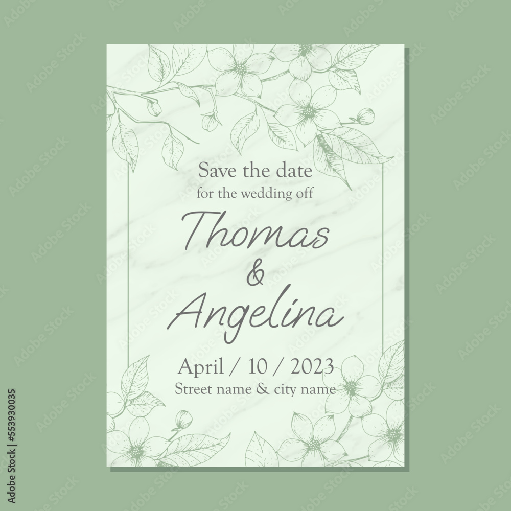 invitation wedding flyer with minimalist floral design in hand drawn style on marble texture