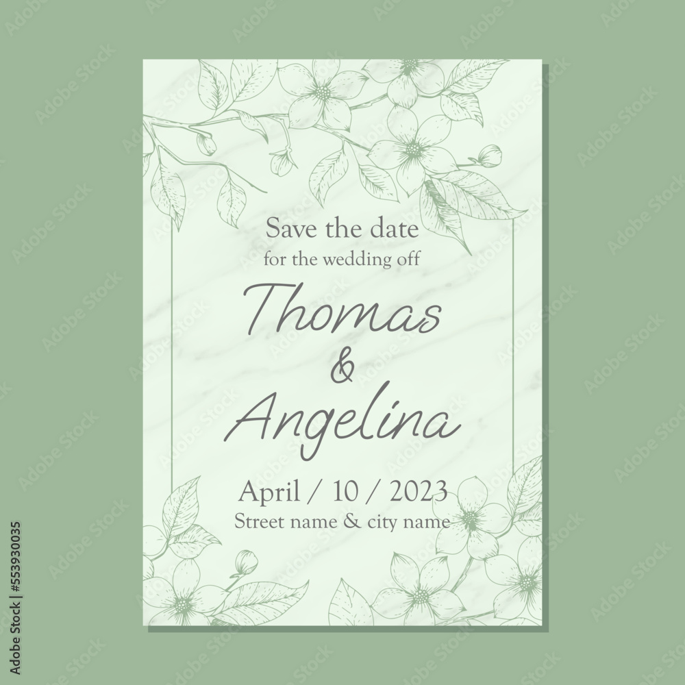 Obraz premium invitation wedding flyer with minimalist floral design in hand drawn style on marble texture