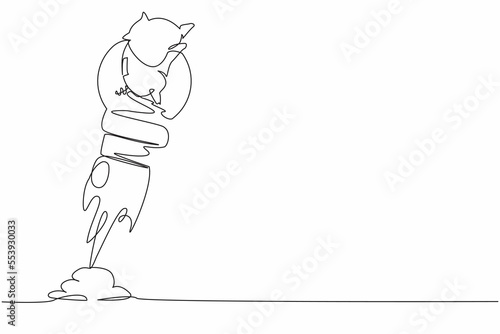Continuous one line drawing piggy bank launching with light bulb. Boost financial earning or income, get rich fast, high growth investment, business opportunity. Single line design vector illustration