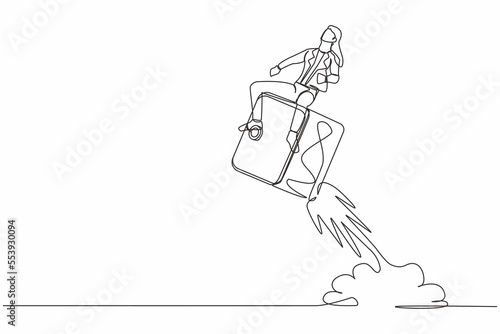 Continuous one line drawing businesswoman riding safe deposit box rocket flying in sky. Keeping money in bank, protecting savings in safe. Secure finance. Single line draw design vector illustration