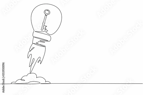 Single continuous line drawing key launching with light bulb. Key performance indicator skyrocket trough the sky. Tremendous business success metaphor. One line draw graphic design vector illustration