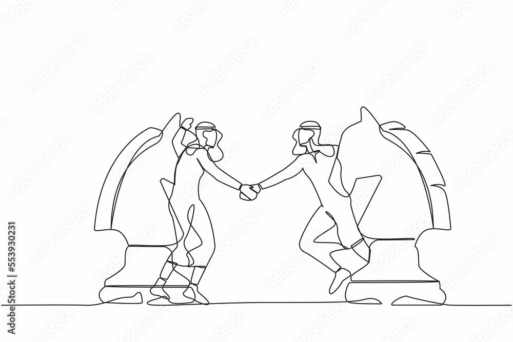 Continuous one line drawing Arabian businessman competitors standing on horse chess piece, handshaking after finish agreement. Negotiation skill and partnership. Single line design vector illustration