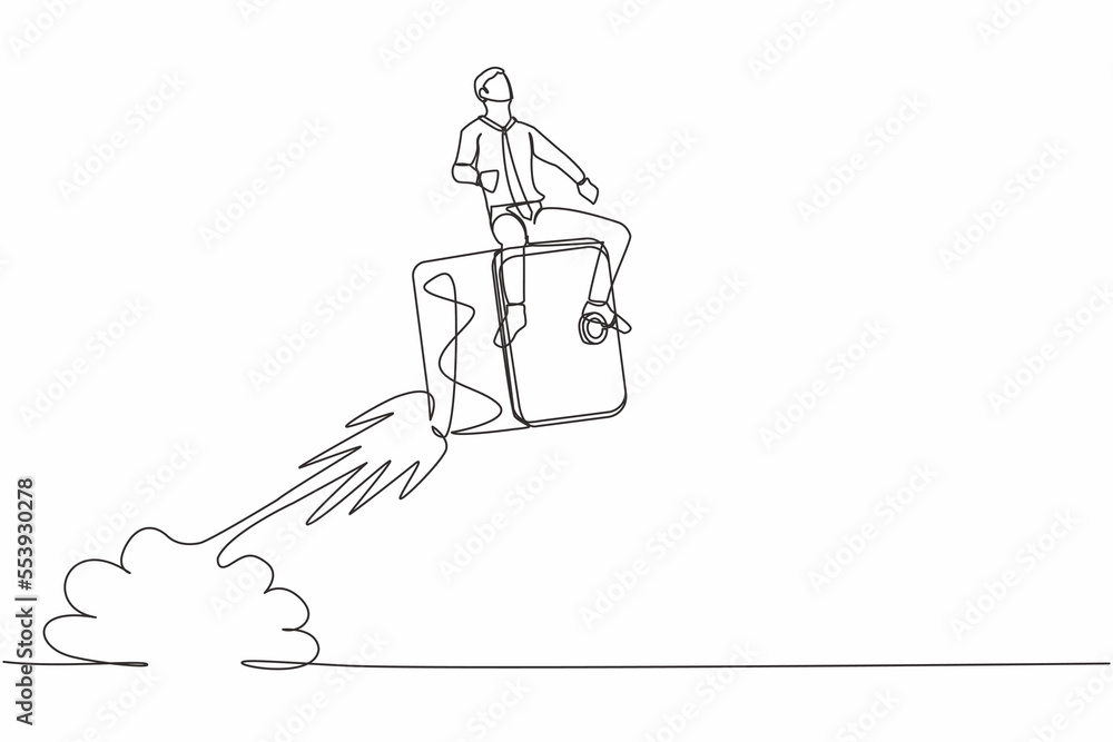 Continuous one line drawing businessman riding safe deposit box rocket flying in the sky. Cash protection concept, time is money, safe deposit, savings. Single line design vector graphic illustration Continuous one line drawing businessman riding safe deposit box rocket flying in the sky. Cash protection concept, time is money, safe deposit, savings. Single line design vector graphic illustration