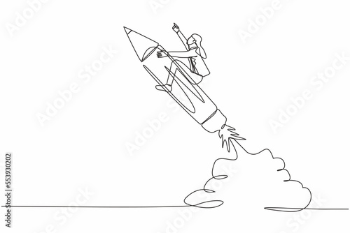 Single continuous line drawing businesswoman riding pencil rocket flying in sky. Creativity idea lead the way, education or knowledge help career development. One line draw design vector illustration