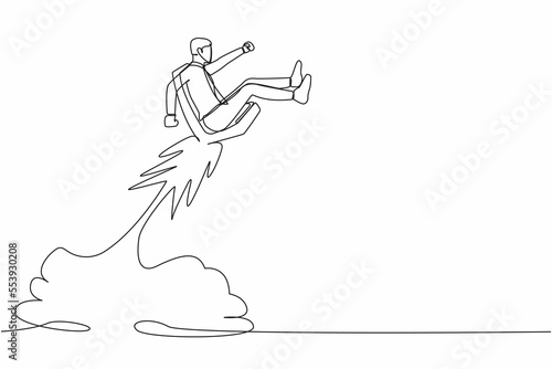 Single one line drawing of businessman riding office chair rocket flying in the sky. Boost your career development, job promoted to higher position. Continuous line design graphic vector illustration