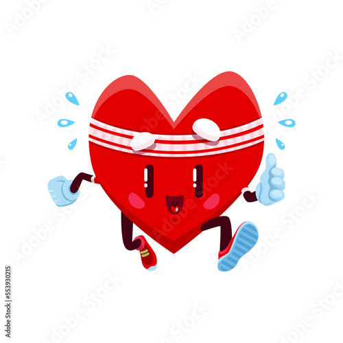 Cartoon running heart character, funny vector anatomical personage in sweatband and sneakers run exercises. Cute strong heart organ, healthy cardio workout, fitness, jogging or marathon activity