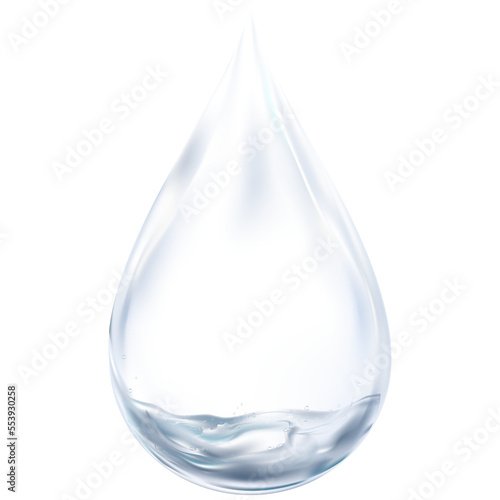 3D Water drop of Clean water on grey transparent background, isolated Transparency Single Blue Shiny Raindrop with water splashes,Element Design concept for World Water day,Earth Day photo