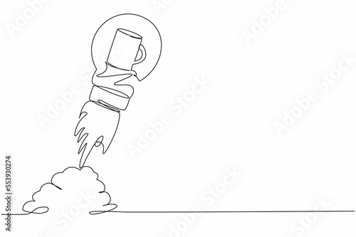 Continuous one line drawing of tea cup launching with light bulb. Rocket launch symbolizing an invigorating drink. Cafeteria or restaurant improvisation. Single line design vector graphic illustration