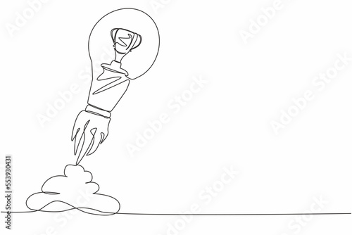 Single continuous line drawing of trophy launching with light bulb. Business startup idea for winning competition. Achievement and boost goals concept. One line draw graphic design vector illustration
