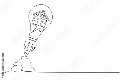 Single continuous line drawing house launching with light bulb. New business property innovation. Digitalization credit mortgage banking ideas. Dynamic one line draw graphic design vector illustration