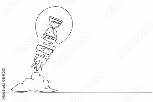 Single continuous line drawing hourglass launching with light bulb. The best time for a startup. Business deadline. Metaphor of space exploration. Dynamic one line graphic design vector illustration